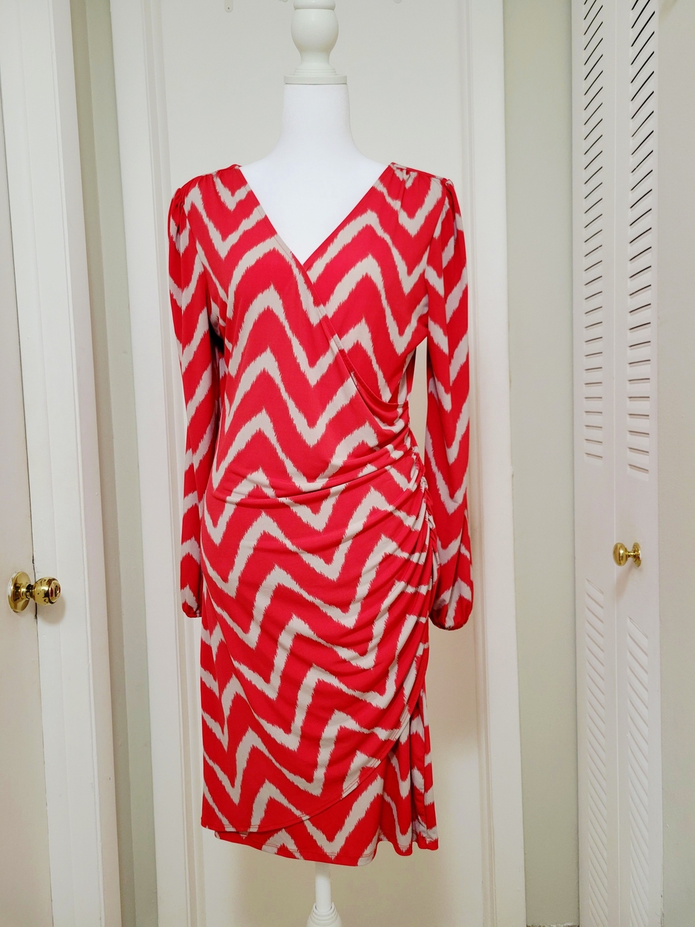 INC International Concepts Red and Cream Chevron Wrap-Style Long Sleeve Dress